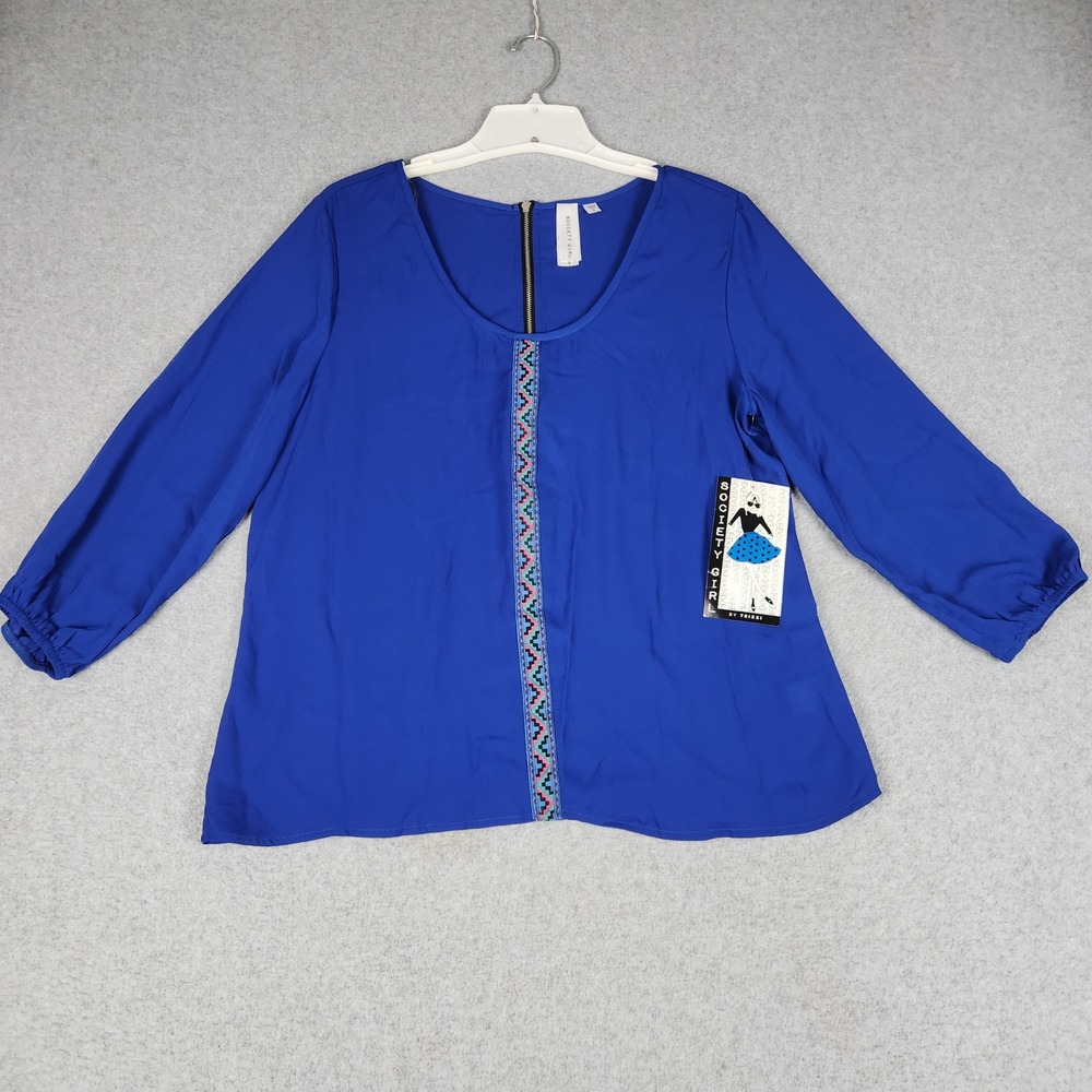 Society Girl Blouse Top Women Large Blue Trixxi Embroidered Trim Tribal Back Zip